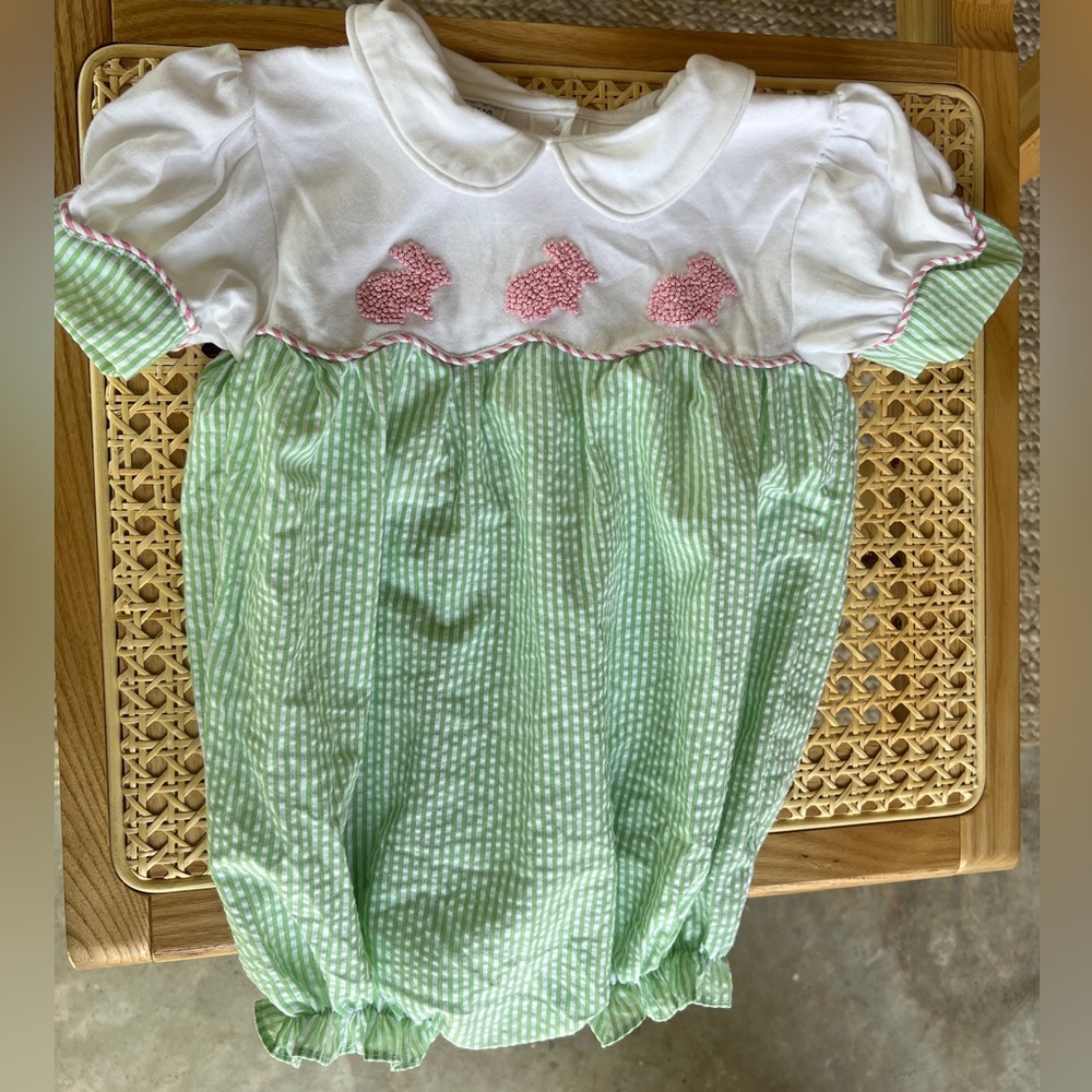 Smocked Easter Bubble Romper toddler girl bunnies collar
